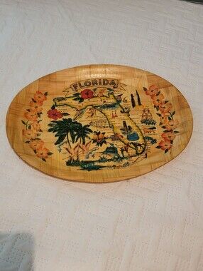 Vintage Florida Bamboo Souvenir Serving Tray Bikini surfing Flamingos Kitschy